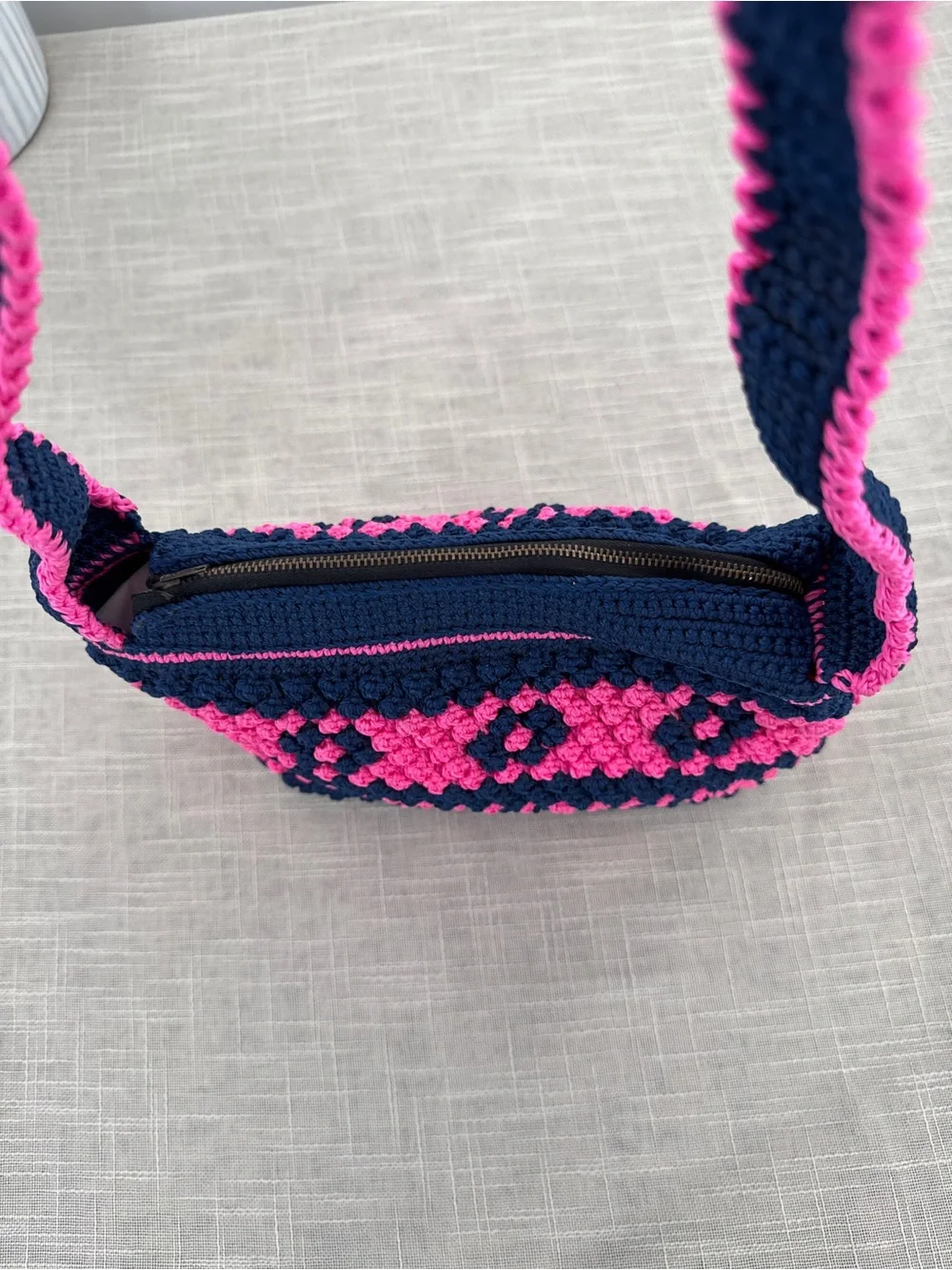 Vintage Knitility Crochet Shoulder Bag Hot Pink Navy Structured Purse